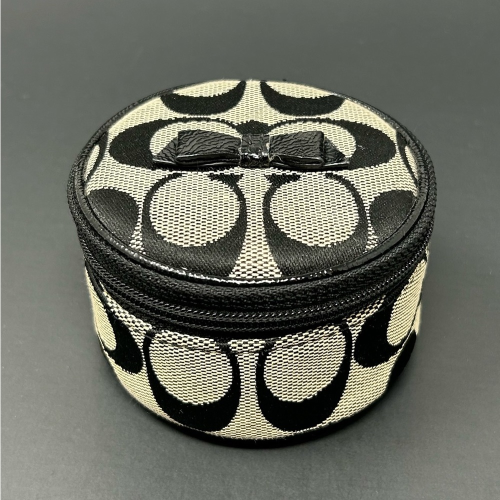 COACH Jewelry Travel Pouch Case CC Logo Signature Bow w Mirror Black Grey/Tan